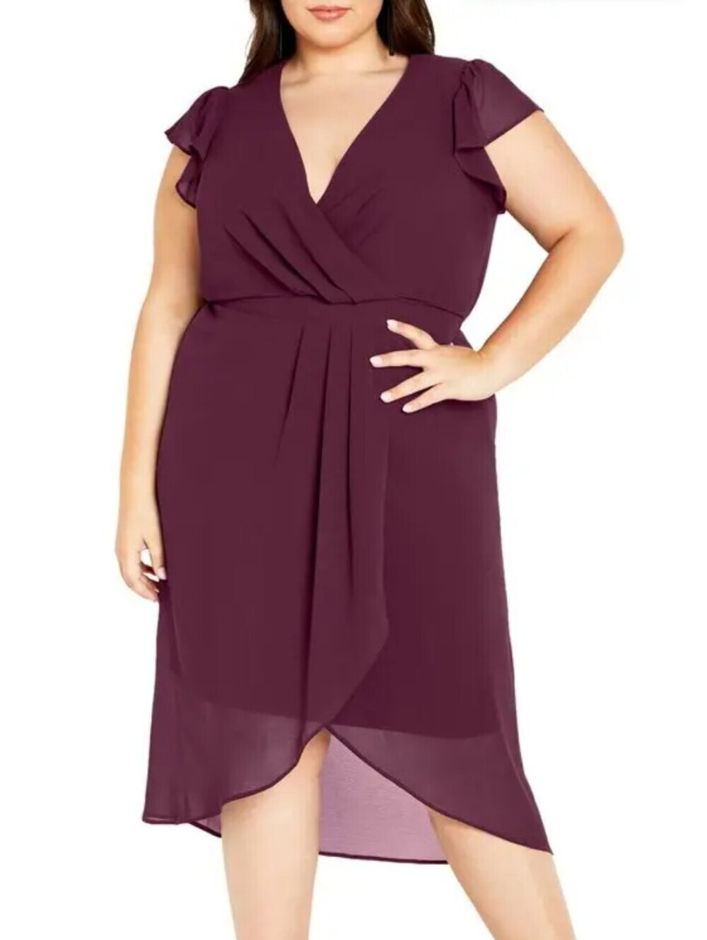 City Chic Womens Plus Size Purple Faux Wrap Chiffon Midi Dress Smocked Sz S/16